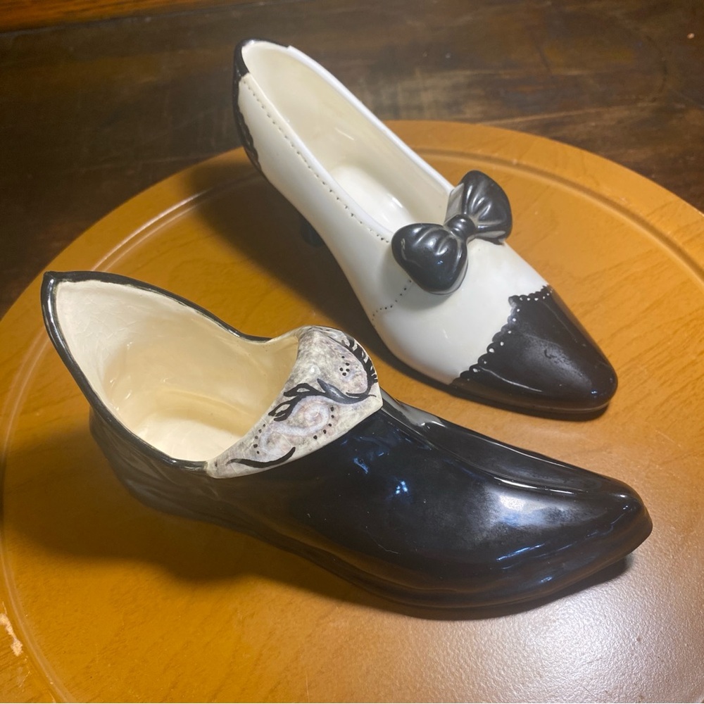2 Vintage Shoe-Shaped 8” Ceramic Shoe Planters: Spectator Pump, Cuffed Bootie